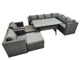 Rackhams Rattan Garden Furniture Set Outdoor 10 Seater Patio Dining Corner Sofa Sets with Dining Table 2 Chairs 2 Big Stools Dark Grey Mixed - thumbnail 1