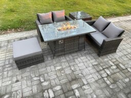 Rackhams 5 Pieces Garden Furniture Sets Poly Rattan Outdoor Patio Gas Fire Pit Dining Table Sofa Set with Side Table Big Footstool - thumbnail 2