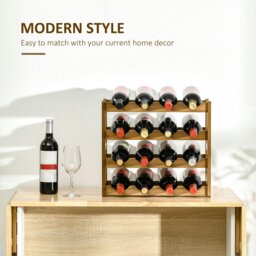 Rackhams Free Standing Wine Rack 16 Bottle Holders, Bamboo Display Shelf, Brown - thumbnail 4