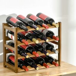 Rackhams Free Standing Wine Rack 16 Bottle Holders, Bamboo Display Shelf, Brown - thumbnail 2