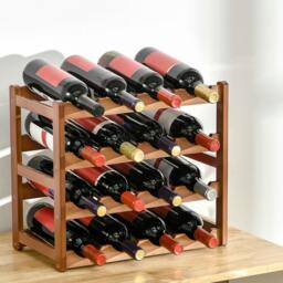 Rackhams Free Standing Wine Rack 16 Bottle Holders, Bamboo Display Shelf, Brown - thumbnail 1