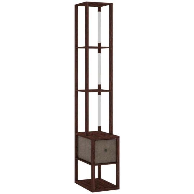 Rackhams Floor Lamp with Shelves, LED Column Modern Standing Lamp with Fabric Drawer, Adjustable Brightness, Foot Switch, Dark Brown