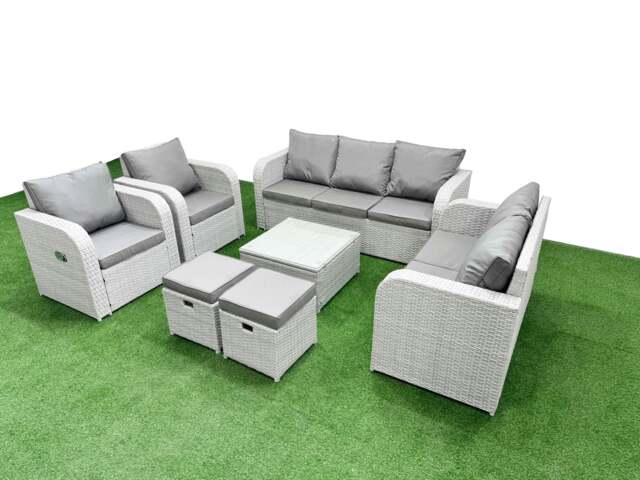 Rackhams PE Rattan Garden Furniture Set Adjustable Chair Sofa Double Love Seat 2 Seater Sofa Lounge Set Square Coffee Table 2 Stools Light Grey - image 1