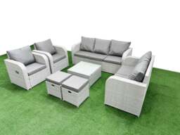 Rackhams PE Rattan Garden Furniture Set Adjustable Chair Sofa Double Love Seat 2 Seater Sofa Lounge Set Square Coffee Table 2 Stools Light Grey - thumbnail 1