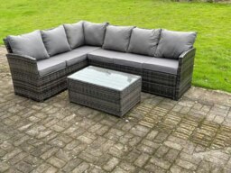 Rackhams High Back Dark Mixed Grey Rattan Corner Sofa Set Outdoor Furniture Rectangular Coffee Table 6 Seater - thumbnail 1
