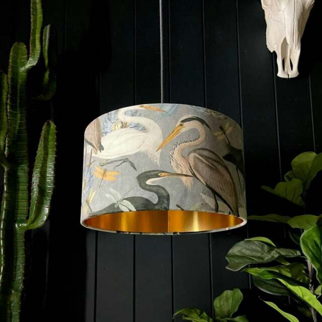 "Rackhams Bird Song Lampshade With Gold Lining in Soft Grey - Ceiling Pendant / Arc Lamp - 30cm Diameter x 25cm Height (12"" x 10"")" - image 1