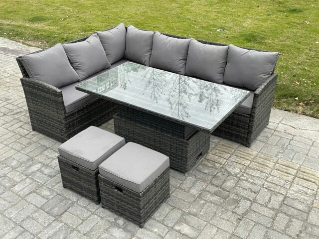 Rackhams Wicker PE Outdoor Rattan Garden Furniture Set Height Adjustable Rising Lifting Table Sofa Dining Set with 2 Small Footstools Dark Grey Mixed - image 1