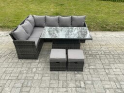 Rackhams Wicker PE Outdoor Rattan Garden Furniture Set Height Adjustable Rising Lifting Table Sofa Dining Set with 2 Small Footstools Dark Grey Mixed - thumbnail 2