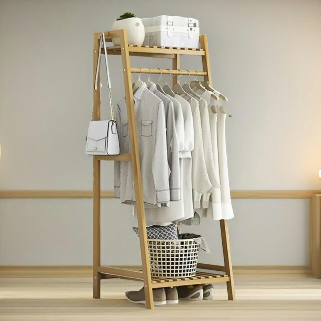 Rackhams Wooden Open Wardrobe Garment Rail With Storage Shelf Natural Brown - image 1