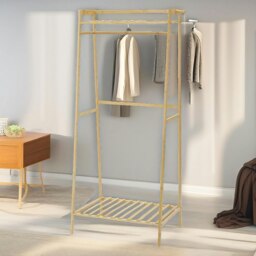 Rackhams Wooden Open Wardrobe Garment Rail With Storage Shelf Natural Brown - thumbnail 3