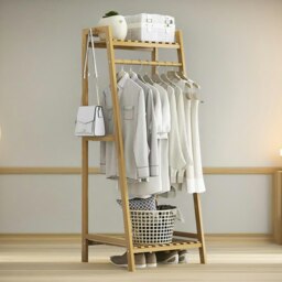 Rackhams Wooden Open Wardrobe Garment Rail With Storage Shelf Natural Brown - thumbnail 1