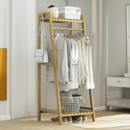 Rackhams Wooden Open Wardrobe Garment Rail With Storage Shelf Natural Brown - thumbnail 4