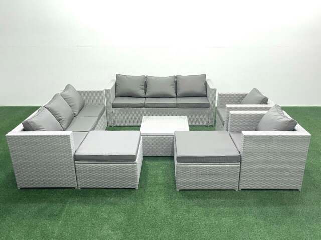 Rackhams Outdoor Rattan Sofa Garden Furniture Set with 2 Armchairs Square Coffee Table 2 Big Footstools Light Grey Mixed - image 1
