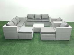 Rackhams Outdoor Rattan Sofa Garden Furniture Set with 2 Armchairs Square Coffee Table 2 Big Footstools Light Grey Mixed - thumbnail 2