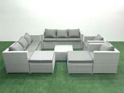Rackhams Outdoor Rattan Sofa Garden Furniture Set with 2 Armchairs Square Coffee Table 2 Big Footstools Light Grey Mixed - thumbnail 1