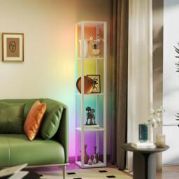 Rackhams RGB LED Floor Lamp with Shelves and Remote Control for Bedroom, Oak - Oak - thumbnail 1