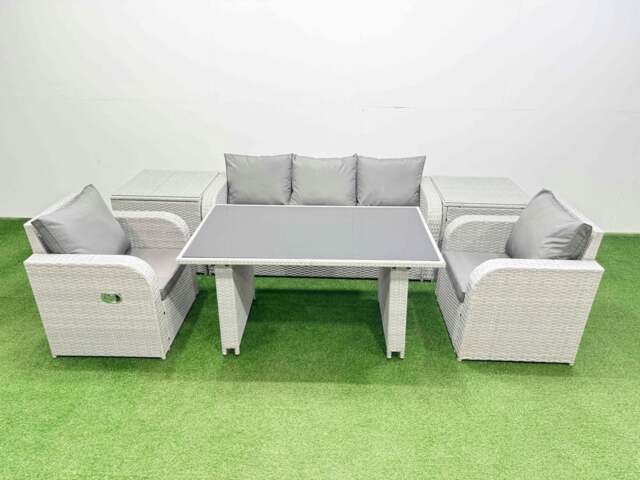 Rackhams Outdoor Rattan Garden Furniture Dining Set 5 seater Patio Rectangular Table 3 Seater Sofa Reclining Chair Set with 2 Side Tables - image 1