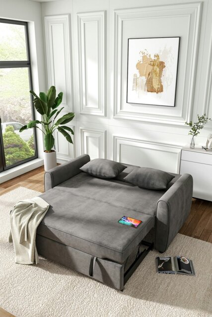 Rackhams 2 Seater Linen Convertible Sofa Pull Out Sofa Bed with Pillows - Dark Grey - image 1