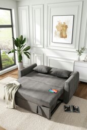 Rackhams 2 Seater Linen Convertible Sofa Pull Out Sofa Bed with Pillows - Dark Grey
