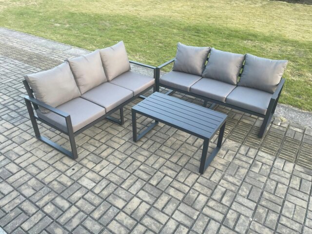 Rackhams Aluminium 3 Pieces Outdoor Garden Furniture Lounge Sofa Set with Oblong Coffee Table Dark Grey - image 1