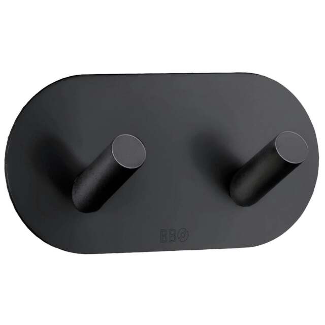 Rackhams Black Stainless Steel Double Towel Hook (96 x 48mm) Self Adhesive Bathroom Wall Mounted - image 1