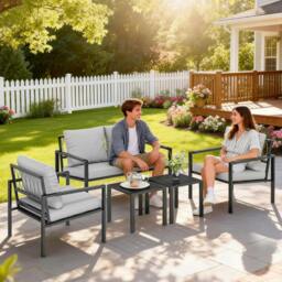 Rackhams 5 Piece Metal Garden Furniture Sofa Set with Cushions, Light Grey