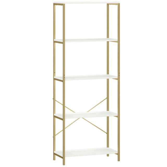 Rackhams 5-Tier Bookshelf, Modern Bookcase with Metal Frame - White and Gold Tone