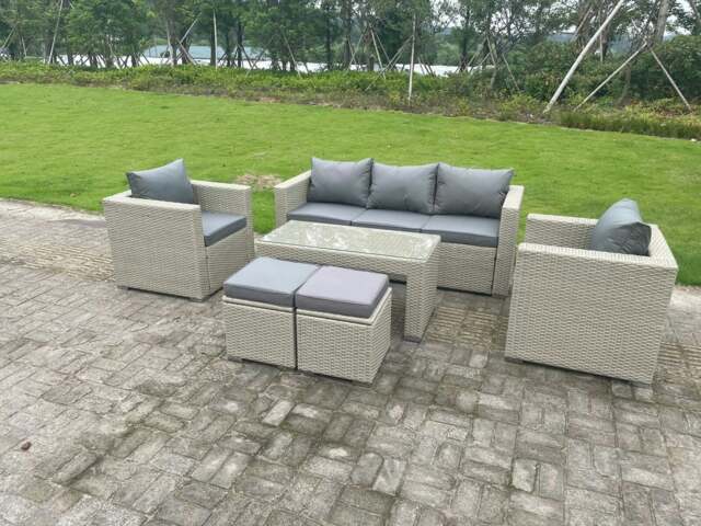 Rackhams Wicker Rattan Garden Furniture Sofa Sets Outdoor Patio Coffee Table With Stools light grey - image 1