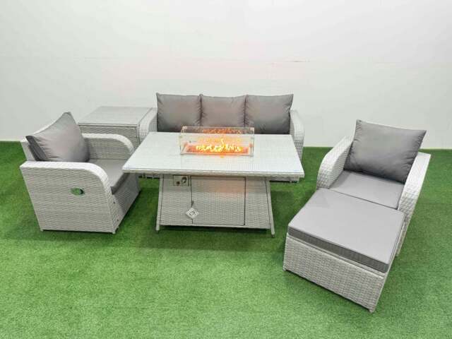 Rackhams PE Rattan Garden Furniture Set Reclining Chair Sofa Lounge Sofa Set Fire Pit Dining Table Side Table Big Footstool Light Grey - image 1