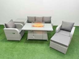 Rackhams PE Rattan Garden Furniture Set Reclining Chair Sofa Lounge Sofa Set Fire Pit Dining Table Side Table Big Footstool Light Grey - thumbnail 1