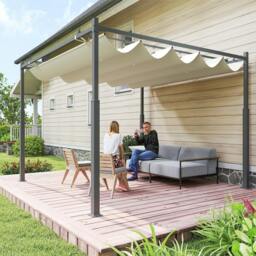 Rackhams 3 x 3(m) Pergola with Retractable Roof, 80mm Metal Column, White - Cream - Metal, 180g Polyester Fabric - 298L x 298W x 230Hcm - thumbnail 1
