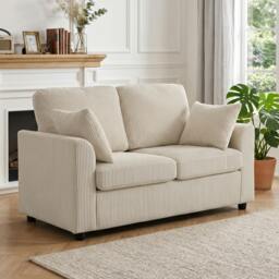 Rackhams 2 Seater Sofa, Corduroy Small Couch with Spring Cushion - Beige - thumbnail 1