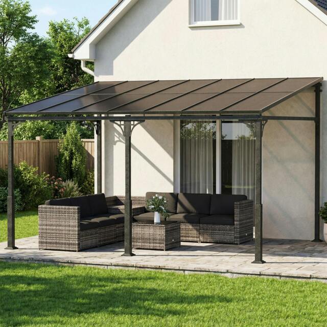 Rackhams 4 x 3 m Metal Lean-to Hardtop Gazebo, Wall-Mounted Pergola - Lean-to Pergola - 300 - Brown - image 1