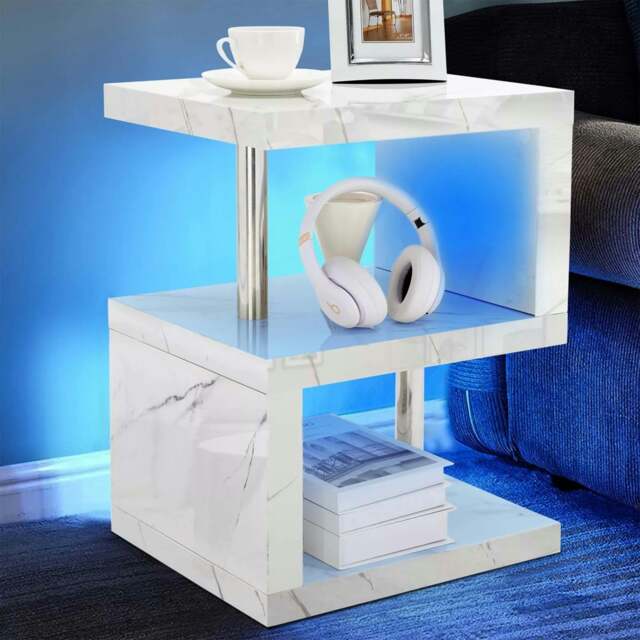 Rackhams Burnham High Gloss Side Table with LED Lighting - White Marble - image 1