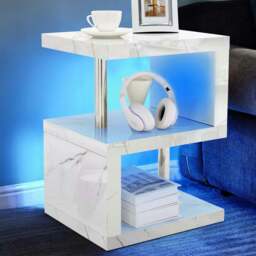 Rackhams Burnham High Gloss Side Table with LED Lighting - White Marble - thumbnail 1