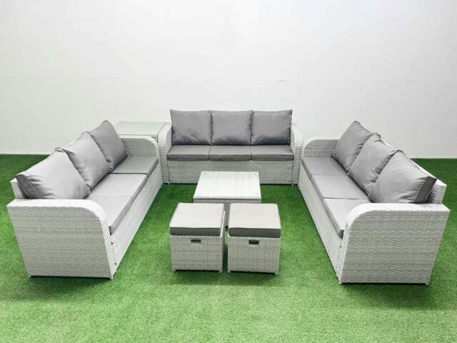 Rackhams PE Rattan Lounge Sofa Set 11 Seater Outdoor Garden Furniture Set with Square Coffee Table 3 Seater Sofa 2 Stools Side Table Light Grey - image 1