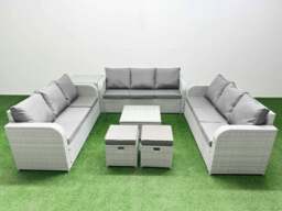 Rackhams PE Rattan Lounge Sofa Set 11 Seater Outdoor Garden Furniture Set with Square Coffee Table 3 Seater Sofa 2 Stools Side Table Light Grey - thumbnail 1