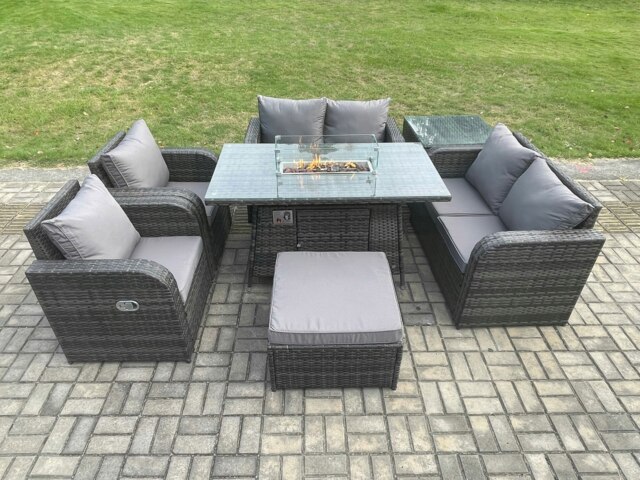 Rackhams 7 Seater Rattan Garden Furniture Set Propane Gas Fire Pit Table and Sofa Chair set with Big Footstool Side Table - image 1