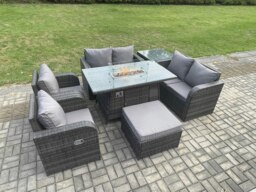 Rackhams 7 Seater Rattan Garden Furniture Set Propane Gas Fire Pit Table and Sofa Chair set with Big Footstool Side Table - thumbnail 2