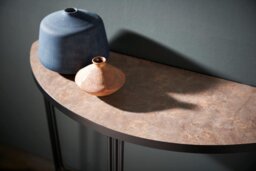 Rackhams Finn Demi Lune Console Tables - Polished Stainless Steel - Dark Wood Laminate - thumbnail 5