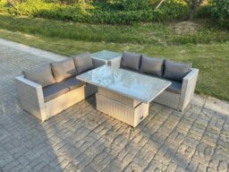 Rackhams Rattan Garden Funiture Set Height Adjustable Rising Lifting Table Sofa Dining Set With Side Coffee Tea Table - thumbnail 1