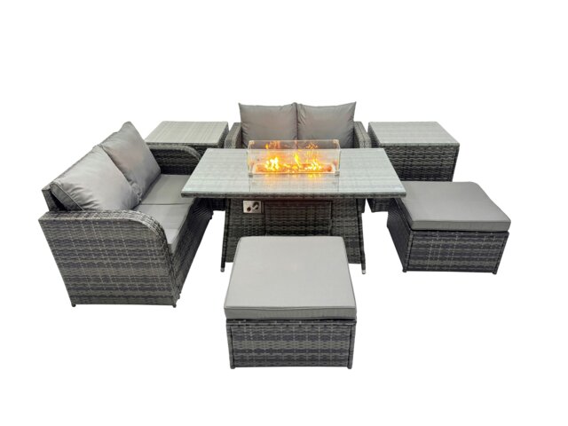 Rackhams 6 seater Patio Gas Firpit Dining Table Sofa Sets Rattan Garden Furniture Dining Set with 2 Big Stools 2 Side Tables Dark Grey Mixed - image 1