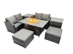 Rackhams 6 seater Patio Gas Firpit Dining Table Sofa Sets Rattan Garden Furniture Dining Set with 2 Big Stools 2 Side Tables Dark Grey Mixed - thumbnail 2