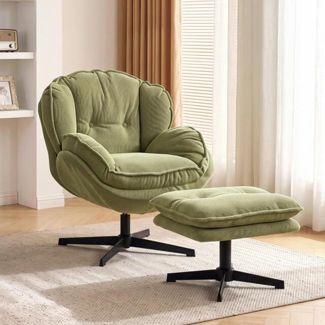 Rackhams Armchair with Adjustable Footstool, 360° Swivel Accent Chair - Green - image 1