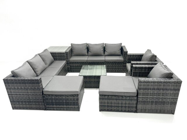 Rackhams Outdoor Rattan Garden Furniture Set 10 Seater Sofa Set with Armchair Square Coffee Table Side Table 2 Big Footstool Dark Grey Mixed - image 1