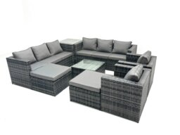 Rackhams Outdoor Rattan Garden Furniture Set 10 Seater Sofa Set with Armchair Square Coffee Table Side Table 2 Big Footstool Dark Grey Mixed - thumbnail 2