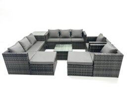 Rackhams Outdoor Rattan Garden Furniture Set 10 Seater Sofa Set with Armchair Square Coffee Table Side Table 2 Big Footstool Dark Grey Mixed - thumbnail 1