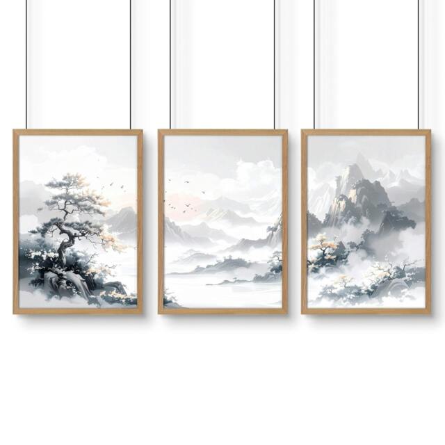 Rackhams Modern Pictures For Living Room - Set of 3 Asian Inspired Wall art Prints - A4 8.27 x 11.69 in / 21 x 29.7 cm - Satin Photo paper 280 gsm - Oak Frame - image 1