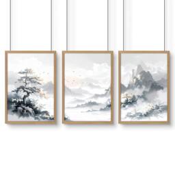 Rackhams Modern Pictures For Living Room - Set of 3 Asian Inspired Wall art Prints - A4 8.27 x 11.69 in / 21 x 29.7 cm - Satin Photo paper 280 gsm - Oak Frame
