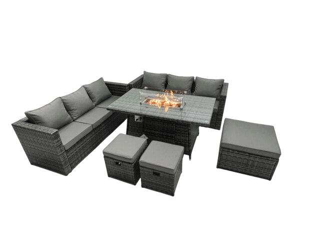 Rackhams Rattan Garden Furniture Fire Pit Dining Set 6 Seater Lounge Sofa Table Set with 3 Footstool - image 1